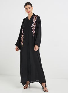 Leaf Design Embroidery Abaya Black