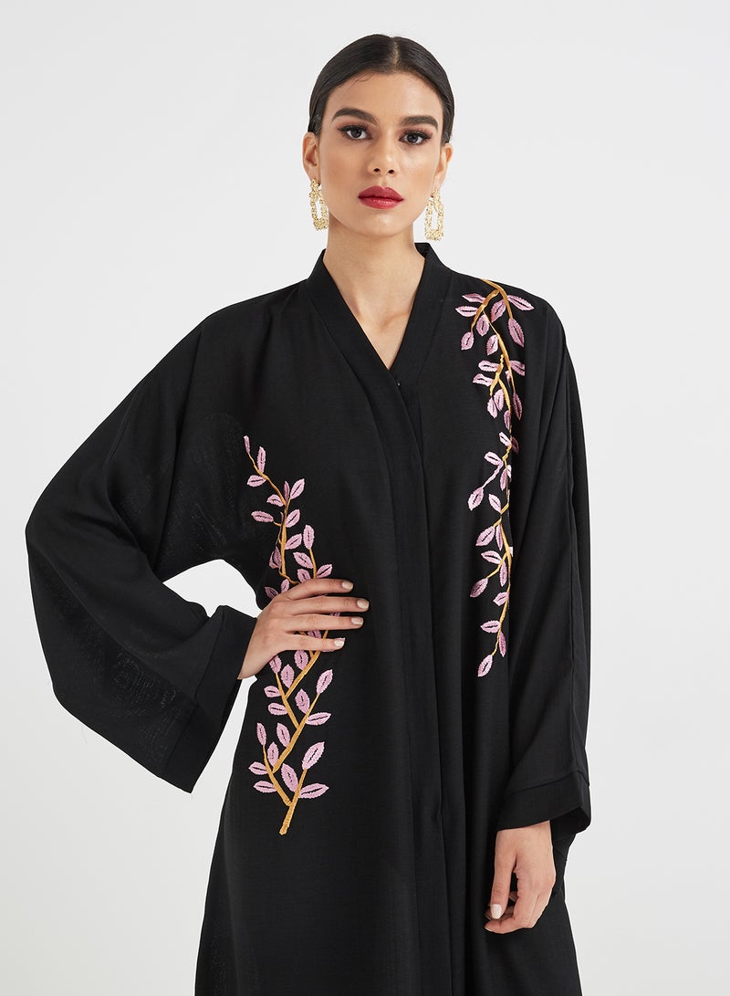 Hayat - Leaf Design Embroidery Abaya Black - Image 1