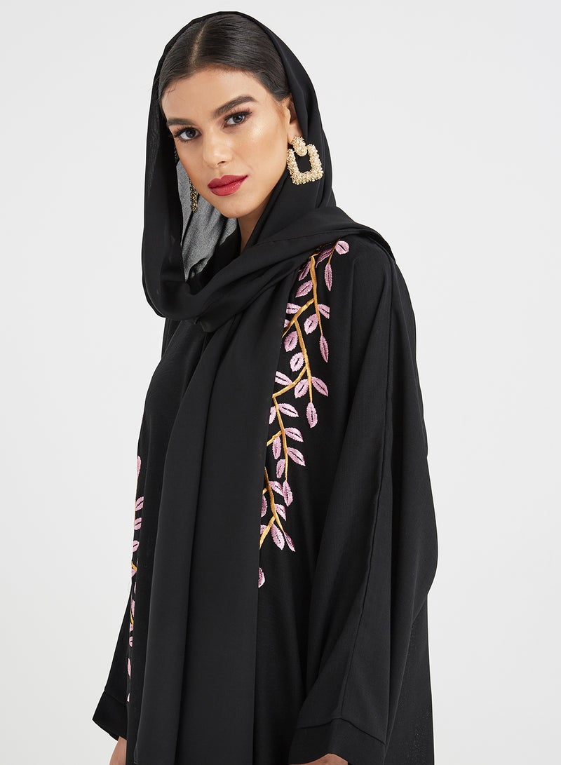 Hayat - Leaf Design Embroidery Abaya Black - Image 1