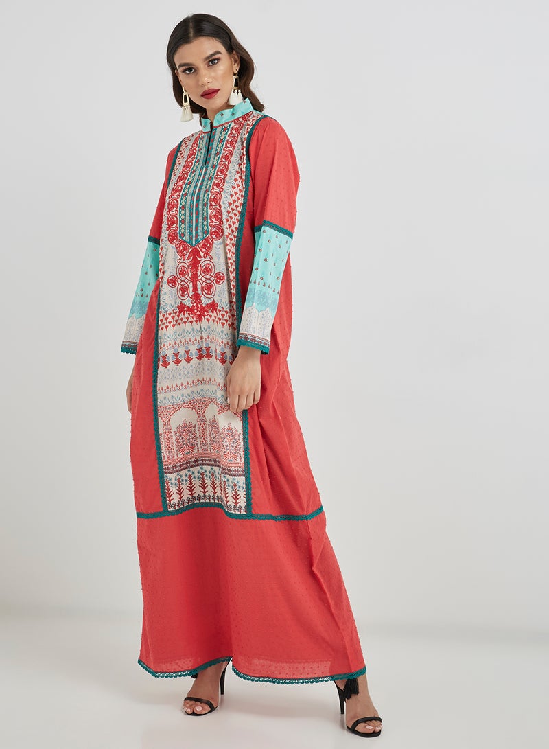 Shining Jewel Classic Style Party Jalabiya Red & Sky Blue - Image 1