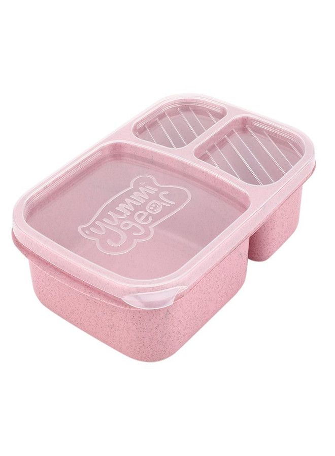 Wheat Straw Microwavable Rectangle 3 Grids Bento Lunch Box With Lid Pink 25*17*6cm - v1555783674/N23418414A_3