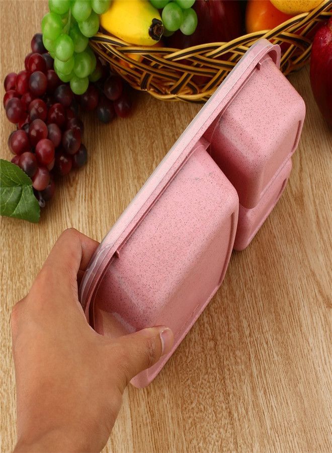 Wheat Straw Microwavable Rectangle 3 Grids Bento Lunch Box With Lid Pink 25*17*6cm - v1555783674/N23418414A_4