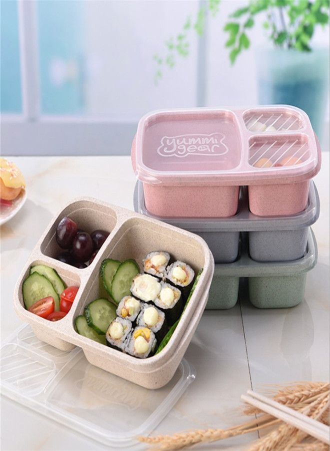 Wheat Straw Microwavable Rectangle 3 Grids Bento Lunch Box With Lid Pink 25*17*6cm - v1555783674/N23418414A_5