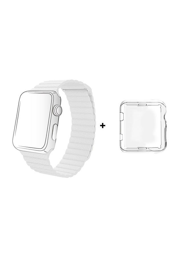 MARGOUN Leather Band With Protective Case For Apple Watch 44mm White