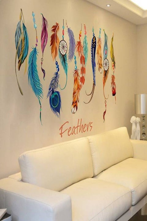 Coloured Feathers Removable Stickers For Living Room Bedroom Home Decoration Wall Decal Multicolour 50x70cm