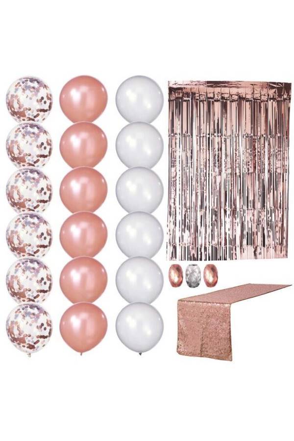 مجموعة بالونات بحجم  18 بوصة متعددة الاستعمالات، مجموعة زينة للحفلات تتضمن بالونات وردية وبالونات بقصاصات ورقية وردية وبالونات فضية وبالونات وردية للطاولة مع قصاصات ورقية وردية للطاولة وستارة وردية مزينة 18بوصة - Image 1