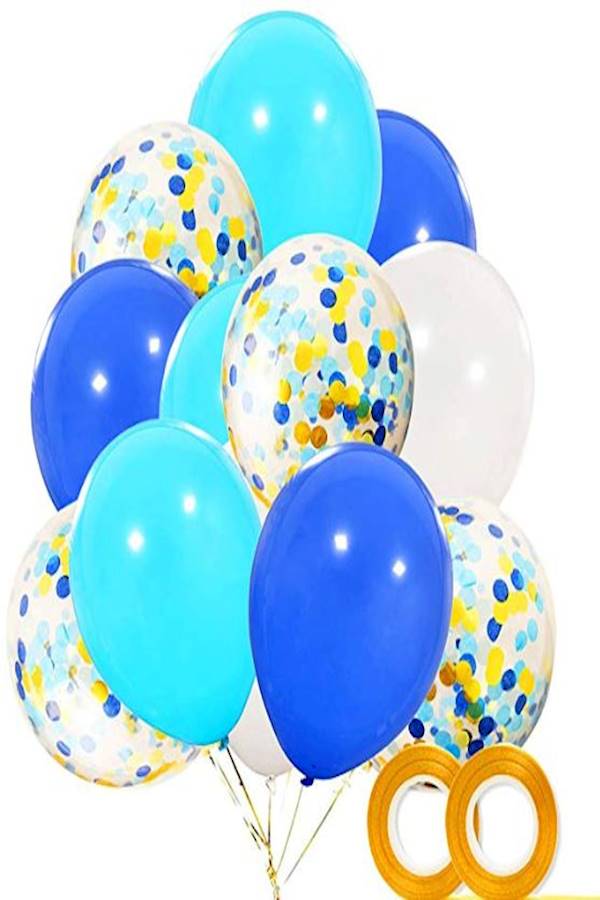 مجموعة لوزام حفلة عيد الميلاد الأول للطفل مكونة من 40 بالون من اللاتكس قياس 12 بوصة بلون أزرق فاتح وأبيض مع بالونات معبأة بقصاصات ورقية ملوّنة 12بوصة - Image 1