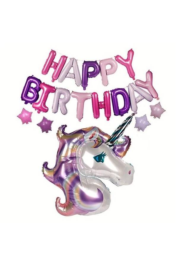 مجموعة بالونات من القصدير مع شريط بتصميم يونيكورن بألوان قوس القزح وعبارة "Happy Birthday" لتزيين حفلات أعياد الميلاد وحفلات ولادة الطفل- تُنفخ بالهيليوم، حزمة من  18 بالون - Image 1
