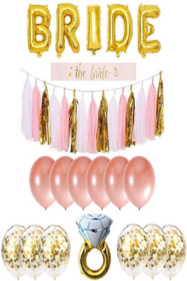 Bachelorette Party Decorations Pack Includes: Foil Bride Balloon Banner Garland, Bride To Be Sash + Rose & Confetti Balloons + Diamond Ring Balloon + Cute Bachelorette Tassel Banner  - Image 1