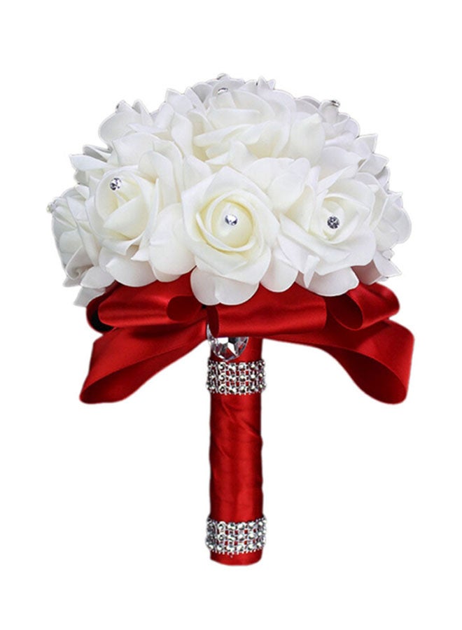 Sharpdo Crystal Studded Artificial Rose Flower Bouquet White/Red 25cm - Image 1