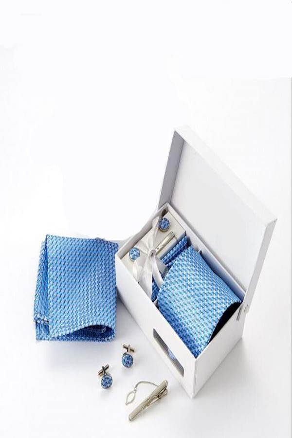 5-Piece Tartan Pattern Necktie Set Blue/Silver - Image 1