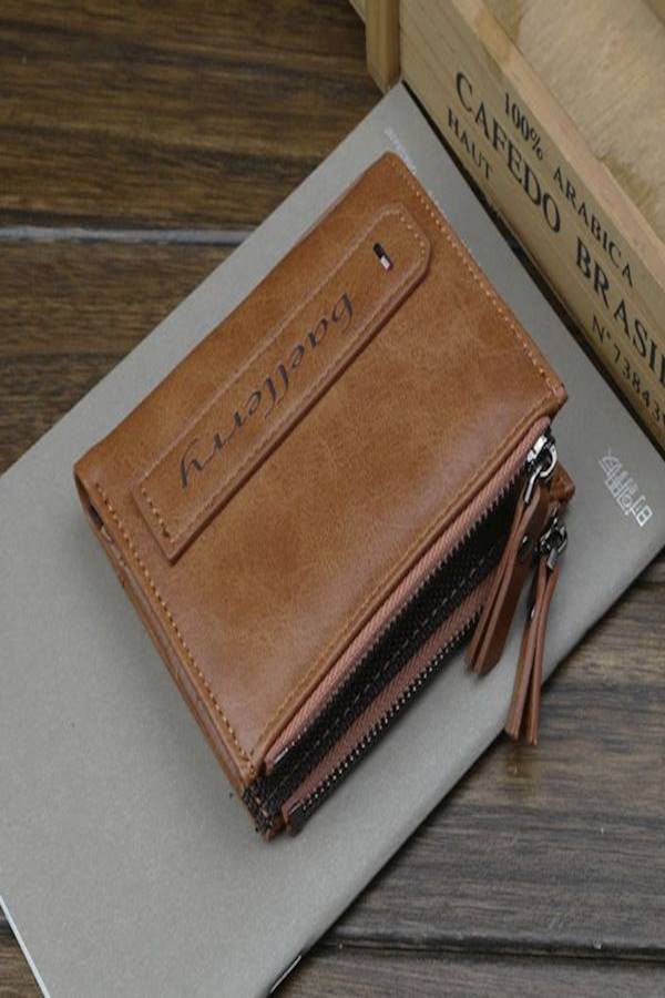 Double Zipper Leather Wallet Brown
