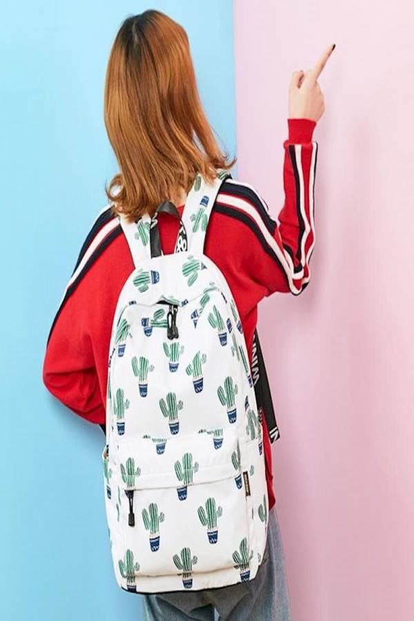 Cactus Printed Backpack White/Green/Blue - Image 3