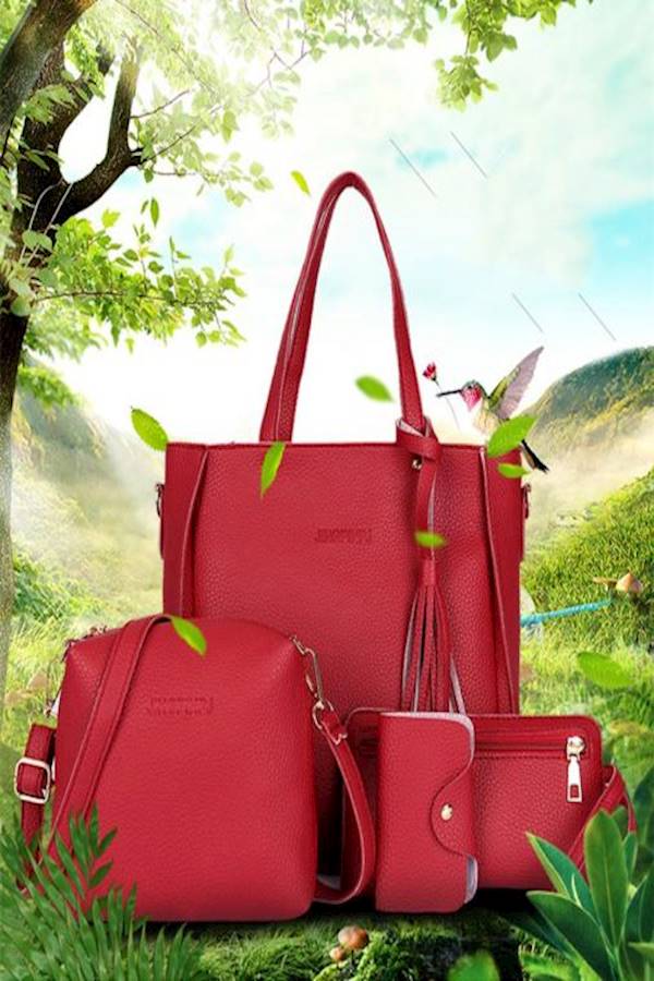 Yogodlns - 4-Piece Leather Handbag Set Red - Image 1