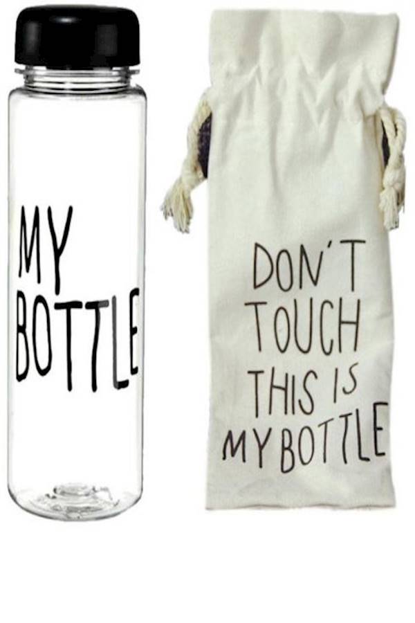 Quote Printed Water Bottle With Bag Black/Clear/Beige 19.5x6.5cm