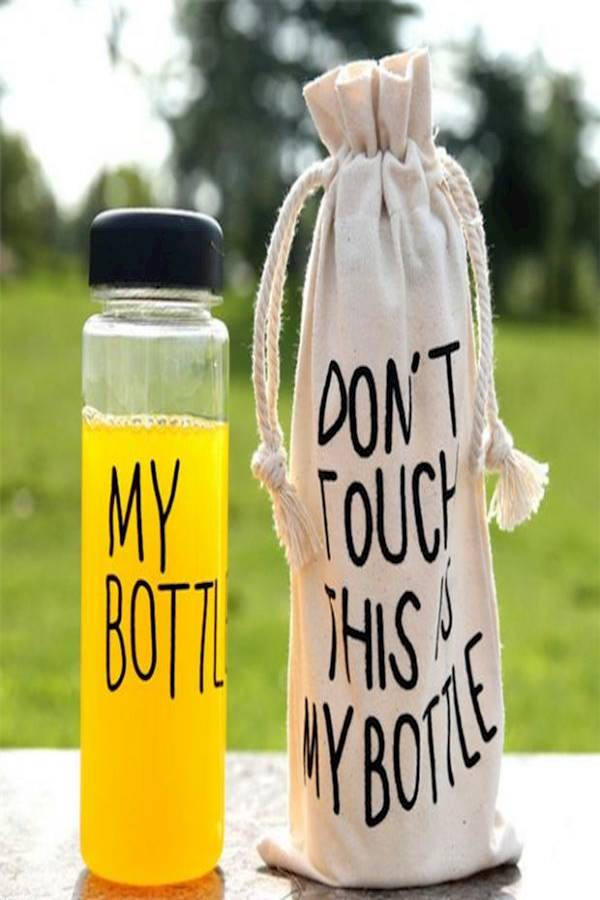 Quote Printed Water Bottle With Bag Black/Clear/Beige 19.5x6.5cm
