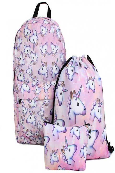 3Piece Women Printed Unicorn Bagpack Multi Color