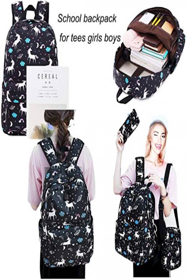 3-Piece Unicorn Printed Backpack Set Black/White/Blue - Image 3