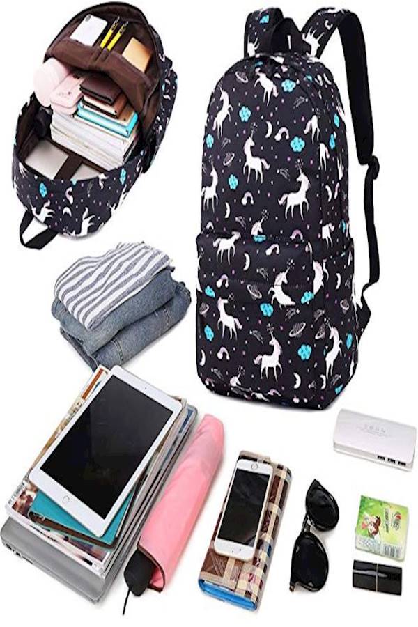 3-Piece Unicorn Printed Backpack Set Black/White/Blue - Image 4
