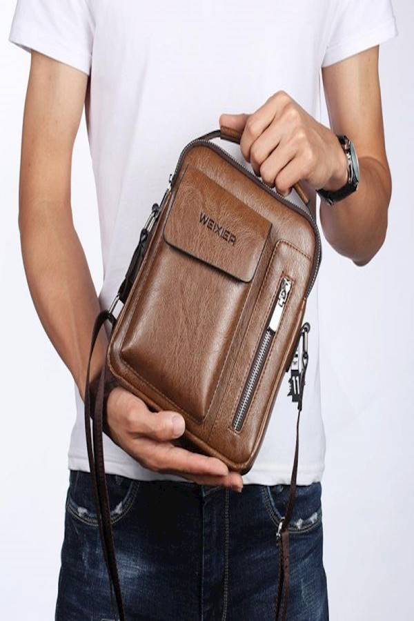 WEIXIER Leather Messenger Bag Brown  - Image 2