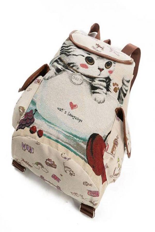 Cat Designed Backpack Beige/Black/Brown  - Image 2