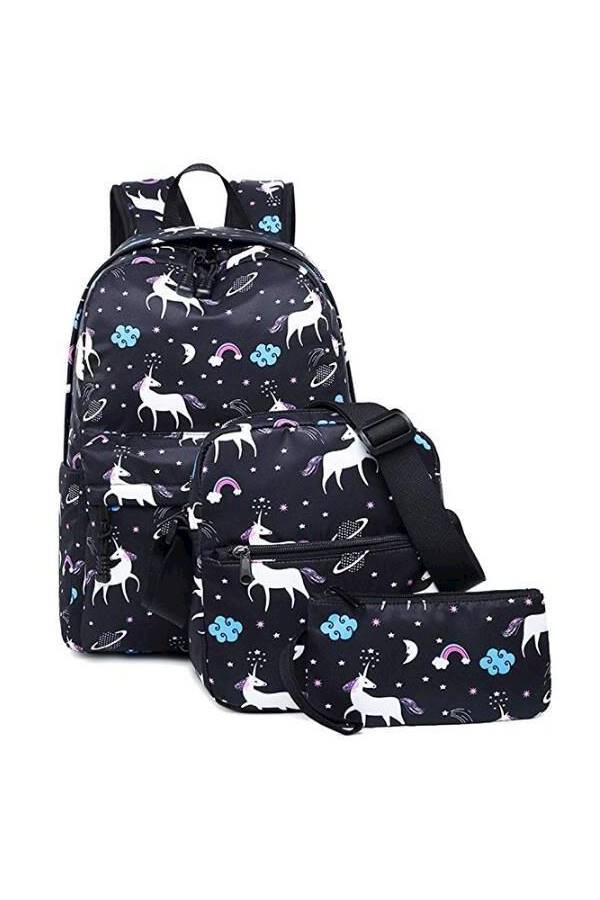 3-Piece Unicorn Printed Backpack Set Blue/White - Image 2