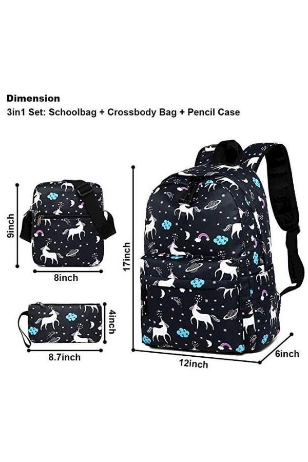 3-Piece Unicorn Printed Backpack Set Blue/White - Image 3