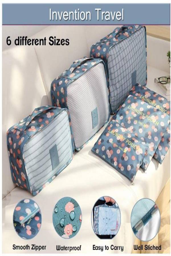6-Piece Travel Packing Pouch Set Blue/Pink/Beige