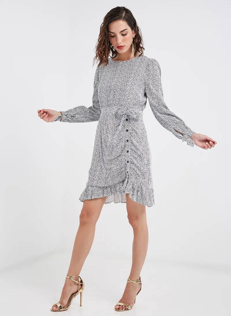 LOST INK Ruffled Polka Dot Dress Grey