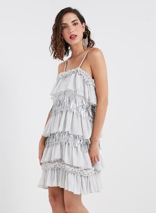 Embellished Layered Shift Dress Grey