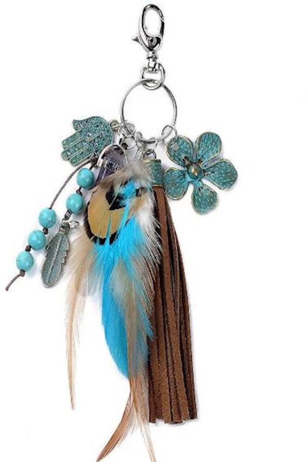 Natural Purple Crystal  Feather Metal Leaves And Tassel Keychain Multi Color