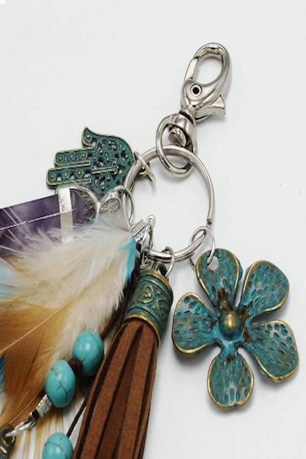 Natural Purple Crystal  Feather Metal Leaves And Tassel Keychain Multi Color