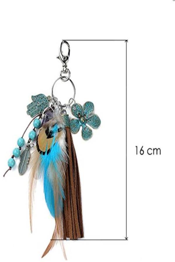 Natural Purple Crystal  Feather Metal Leaves And Tassel Keychain Multi Color