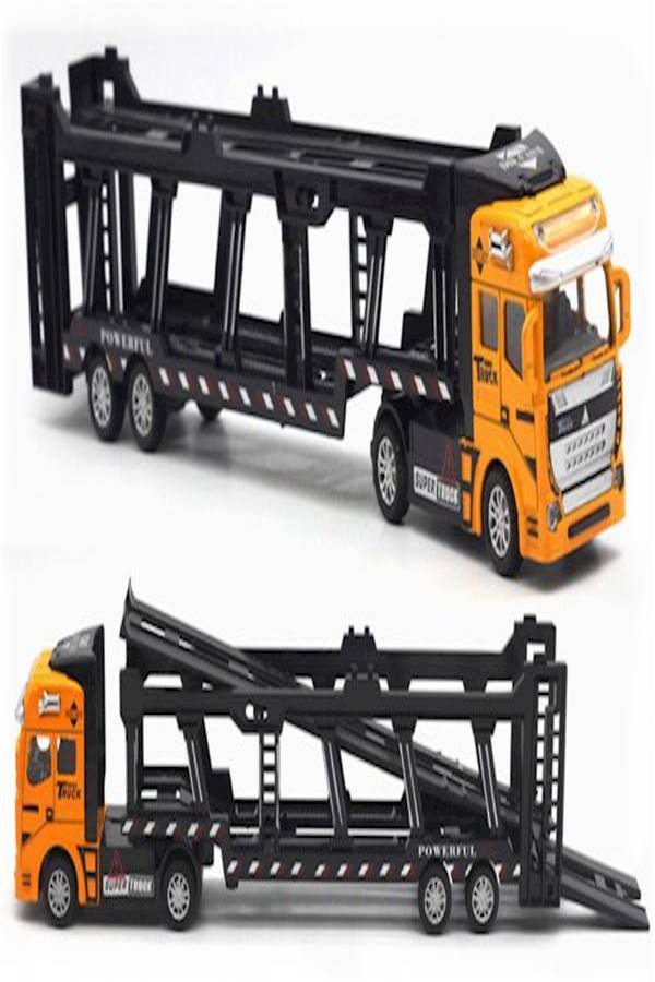 لعبة على شكل شاحنة نقل سيارات معدنية بظهر قابل للسحب - Image 1