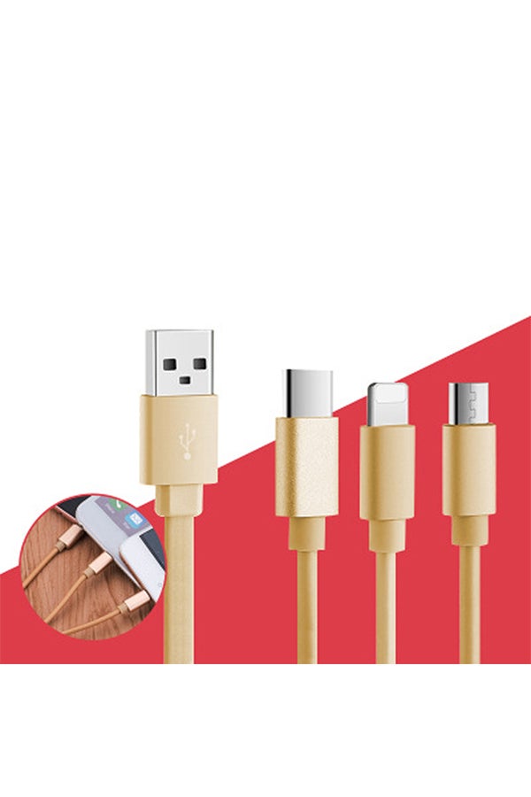 3-In-1 USB Data Sync Type-C Lightning Charging Cable Beige - Image 2