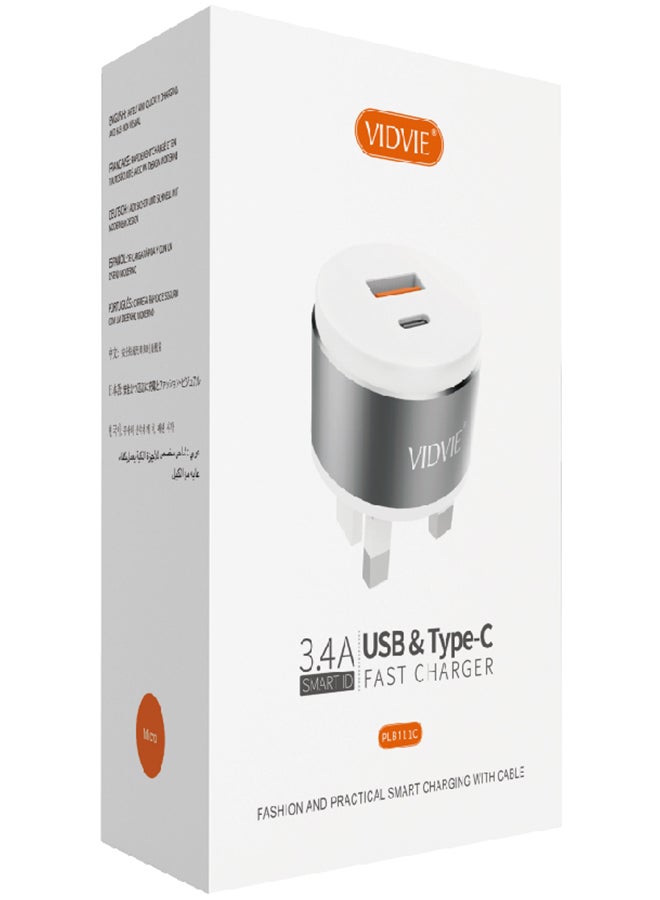 Vidvie - 3.4 USB And Type C Fast Charger Silver/Grey - Image 1