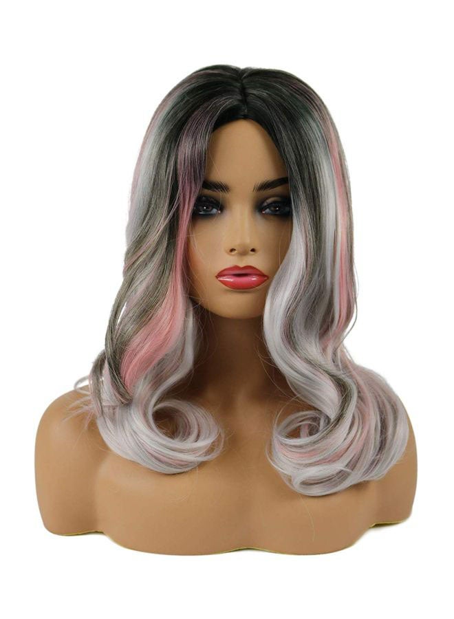 توب ويجي شعر مستعار طويل مموج بفرق في الوسط بنمط مخصل رمادي/ أسود/ وردي 20بوصة