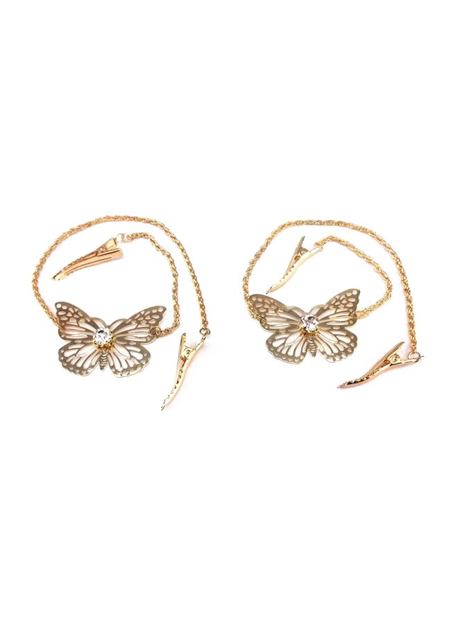 يوتون مشبك بأسنان بتصميم فراشة مرصعة بأحجار الراين ومزودة بسلسلة من قطعتين ذهبي