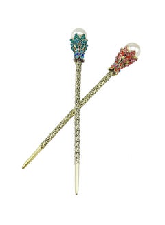 Yueton 2-Piece Hair Chopsticks Pin Gold/Blue/Red 