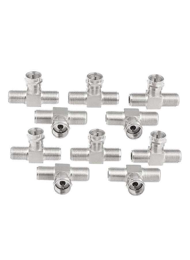 10-Piece F Type Male To Double Female Connector Set Silver