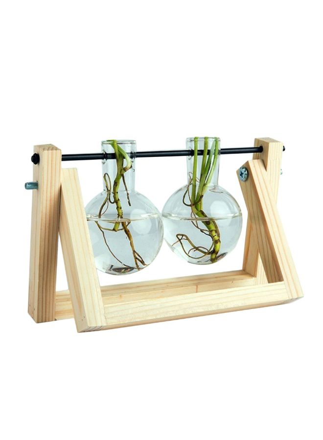 Glass Planter Bulb Vase with Retro Solid Wooden Stand and Metal Swivel Holder Clear/Beige  - Image 1