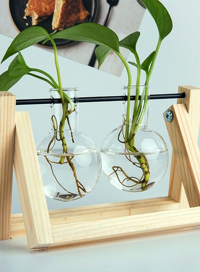 Glass Planter Bulb Vase with Retro Solid Wooden Stand and Metal Swivel Holder Clear/Beige  - Image 2