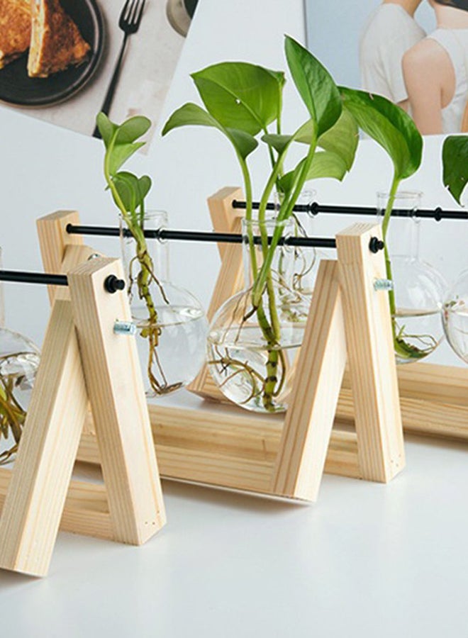 Glass Planter Bulb Vase with Retro Solid Wooden Stand and Metal Swivel Holder Clear/Beige  - Image 3