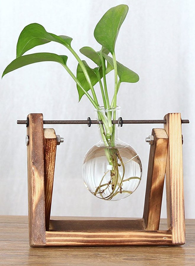 Generic - Glass Planter Bulb Vase with Retro Solid Wooden Stand and Metal Swivel Holder Clear/Brown - Image 1