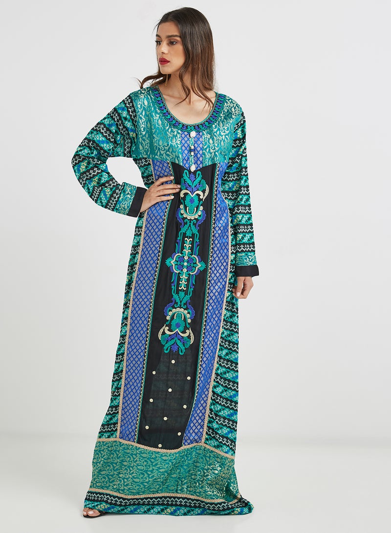 سارة أرابيا جلابية تقليدية برقبة واسعة أزرق/ أخضر  - Image 1