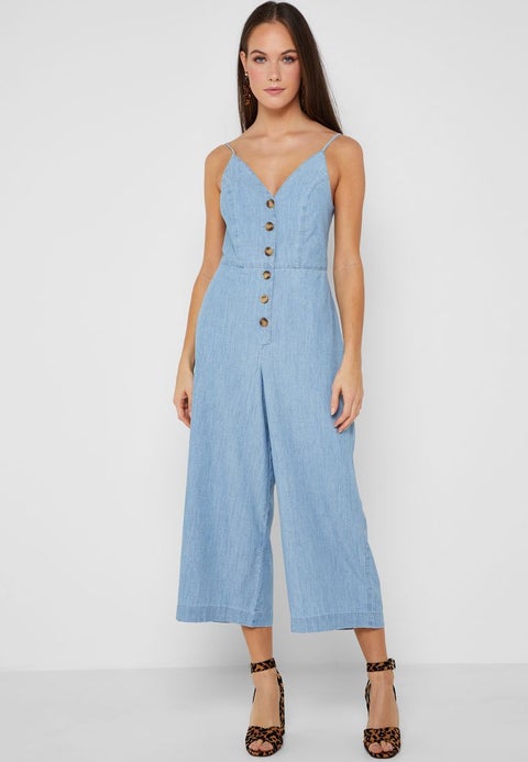 Solid Pattern Button Down Jumpsuit Blue