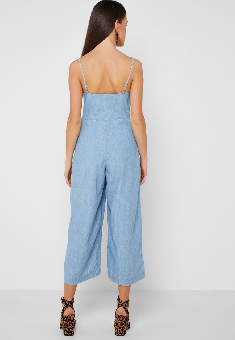 Solid Pattern Button Down Jumpsuit Blue