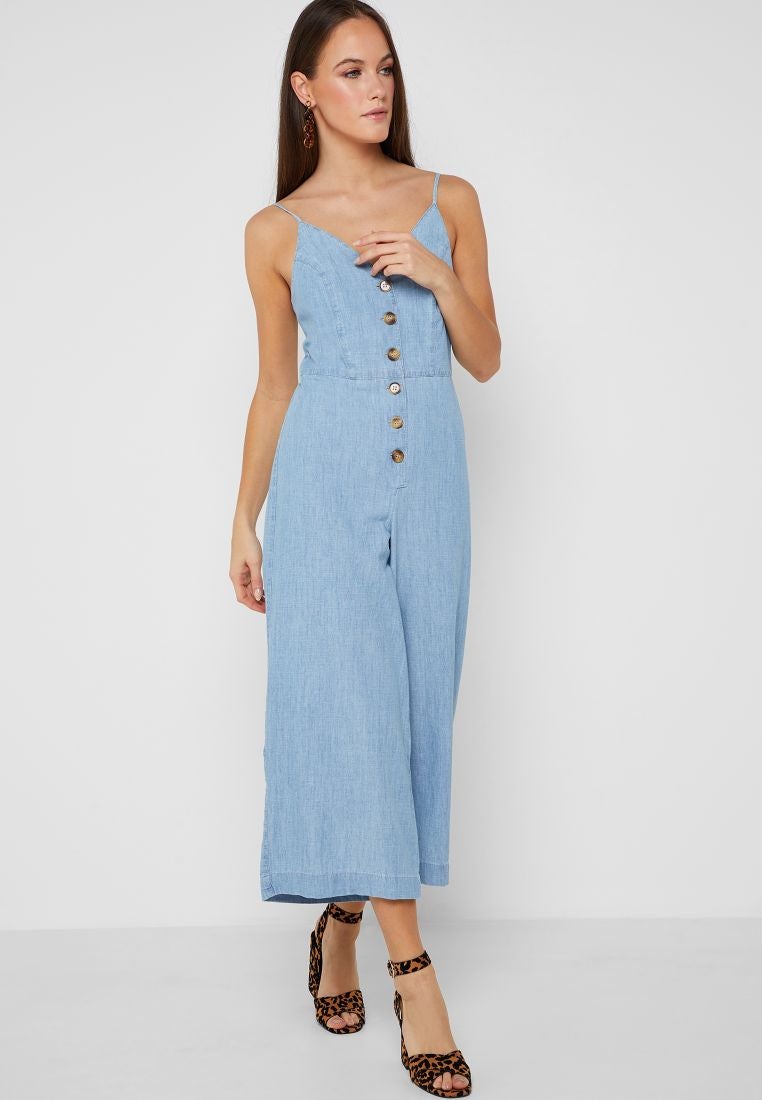 Solid Pattern Button Down Jumpsuit Blue