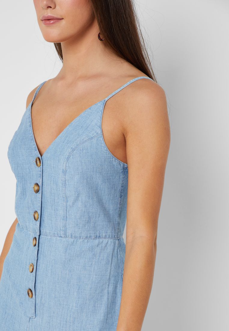 Solid Pattern Button Down Jumpsuit Blue