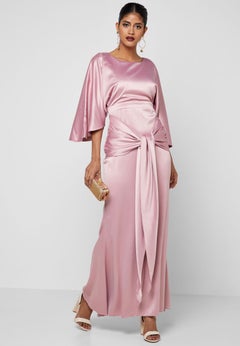 Tie Front Satin Maxi Dress Pink